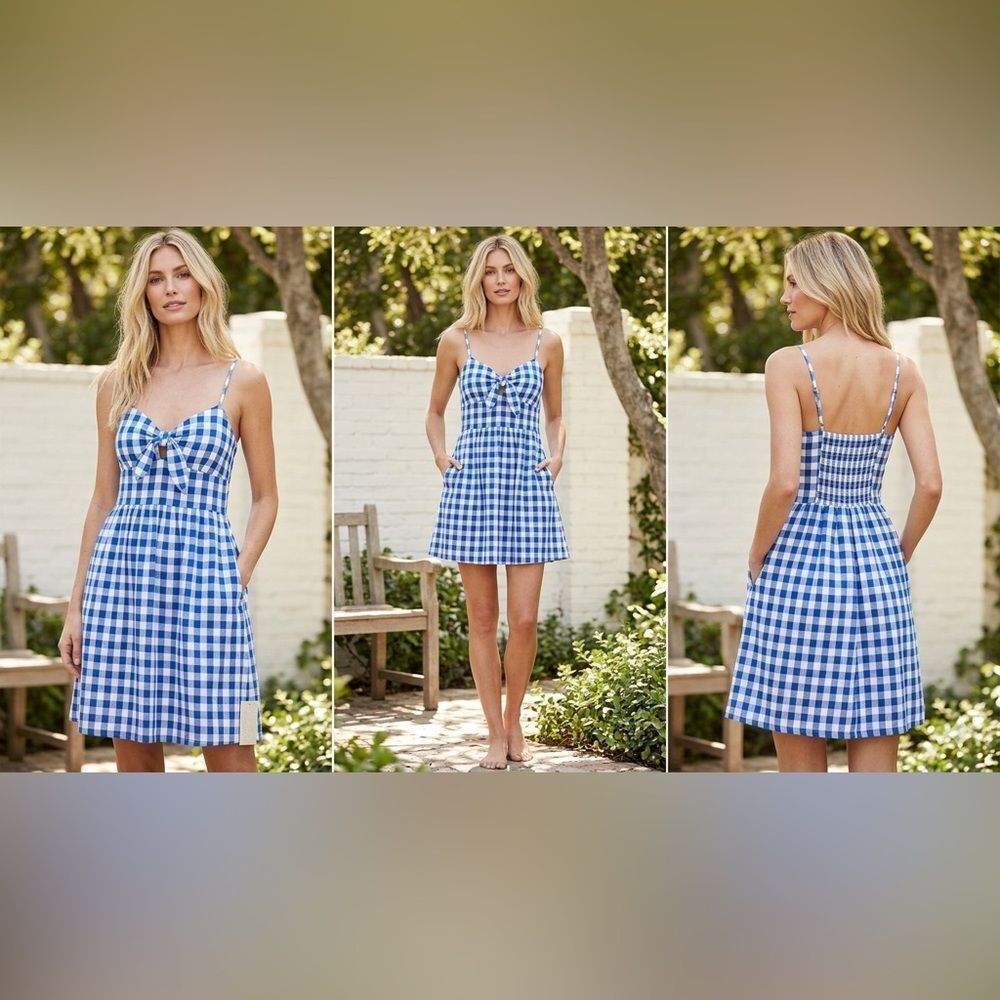 Old Navy Blue Gingham Linen Tie-Front Mini Dress with Pockets Size Medium Blue